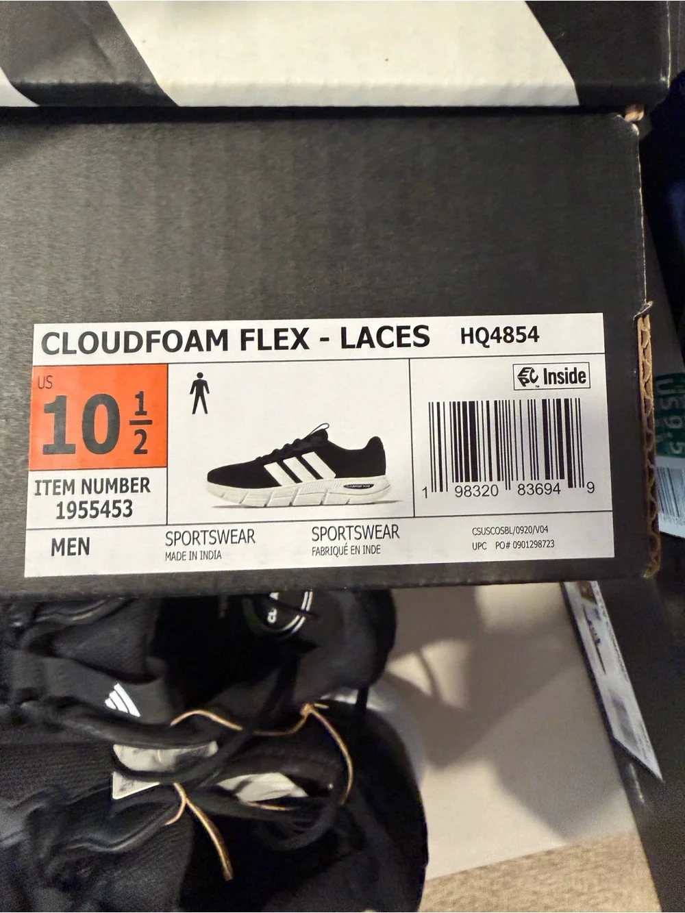 Adidas Men’s Cloudfoam Flex Laces Athletic Sneakers Black White Size 10.5 M US